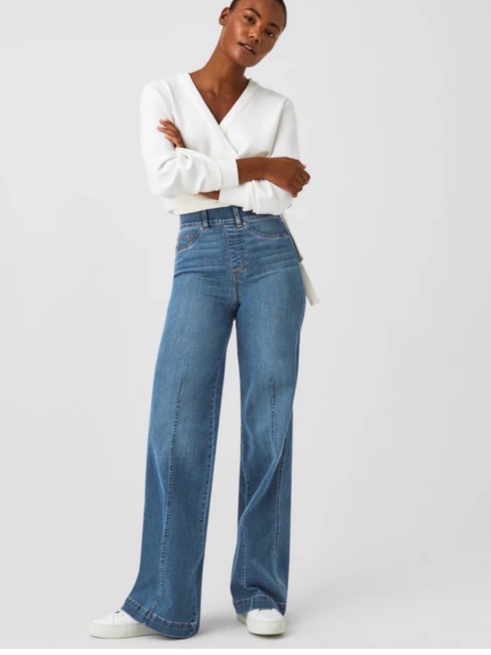 SPANX Seamed Front Wide Leg Pull On Jeans Medium Indigo Wash Womens Stretch EUC